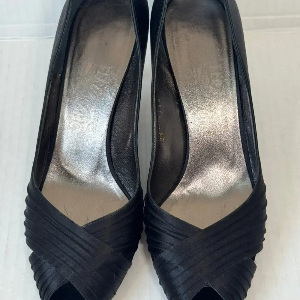 Salvatore Ferragamo Black Satin Peep Toe Pumps Heels Womens 9.5 Classic Luxury